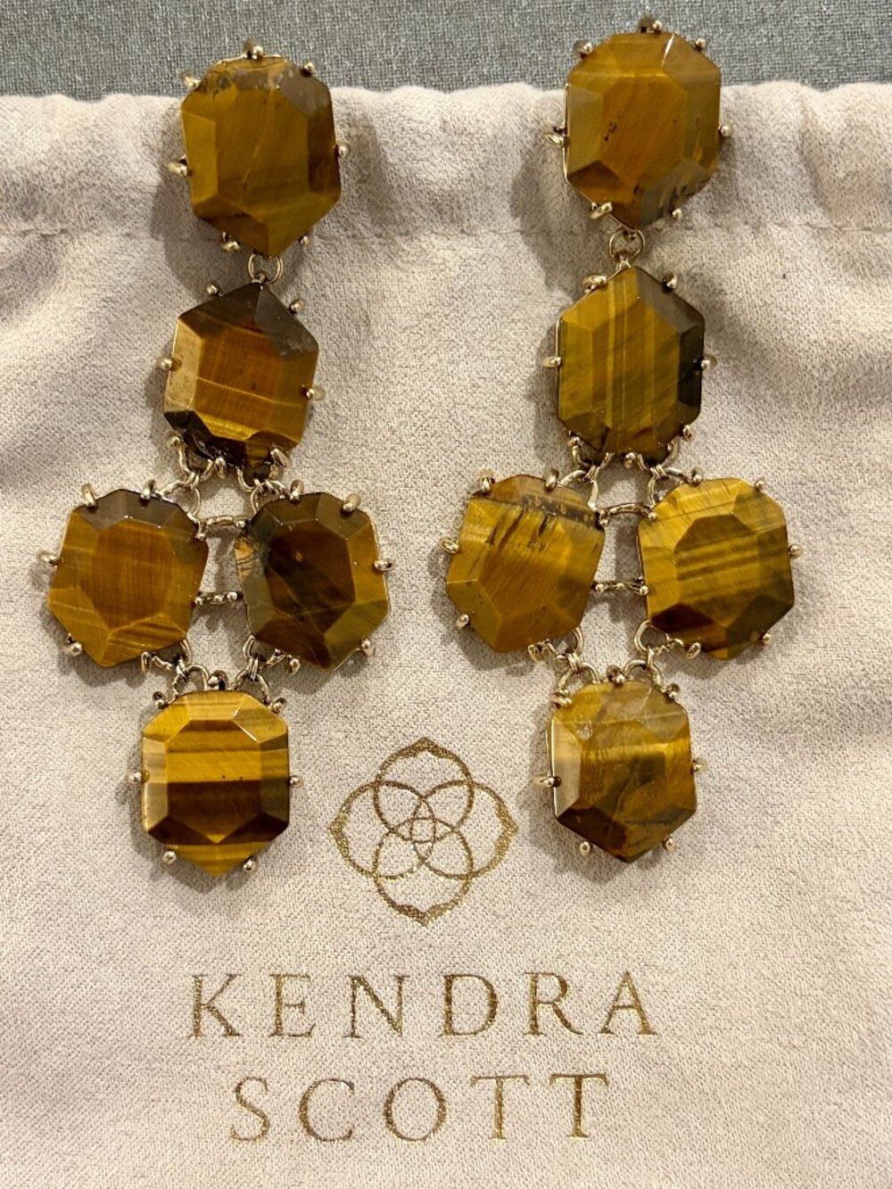 Rare Kendra Scott Rhonda Tiered Chandelier Earrings in Tiger's Eye and Gold Tone